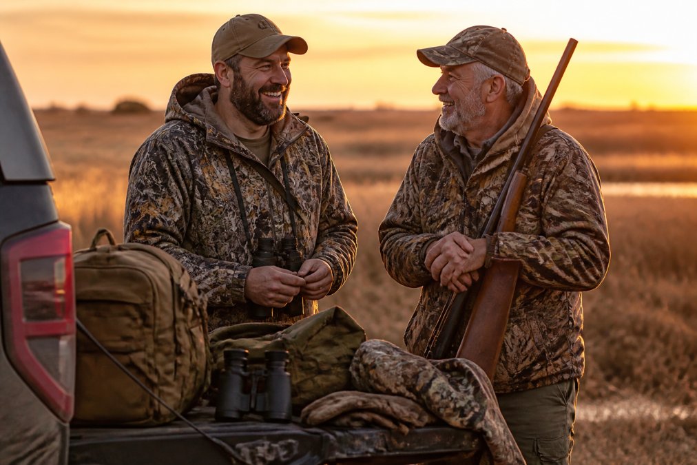 A laid-out collection of hunting essentials including camouflage clothing, boots, binoculars, and a rifle on a weathered wooden table, showing quality gear ready for the field