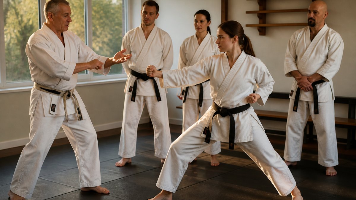 Instructor demonstrating self-defense during adult karate classes in a bright dojo