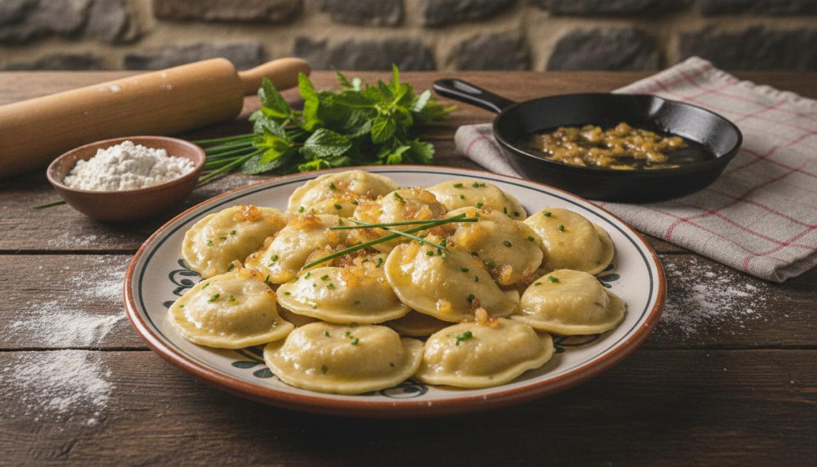 Frisch gekochte Kärntner Kasnudeln auf einem traditionellen Teller, mit geschmolzener Butter und knusprigen Zwiebeln beträufelt, in einer gemütlichen Landküche mit Holztisch