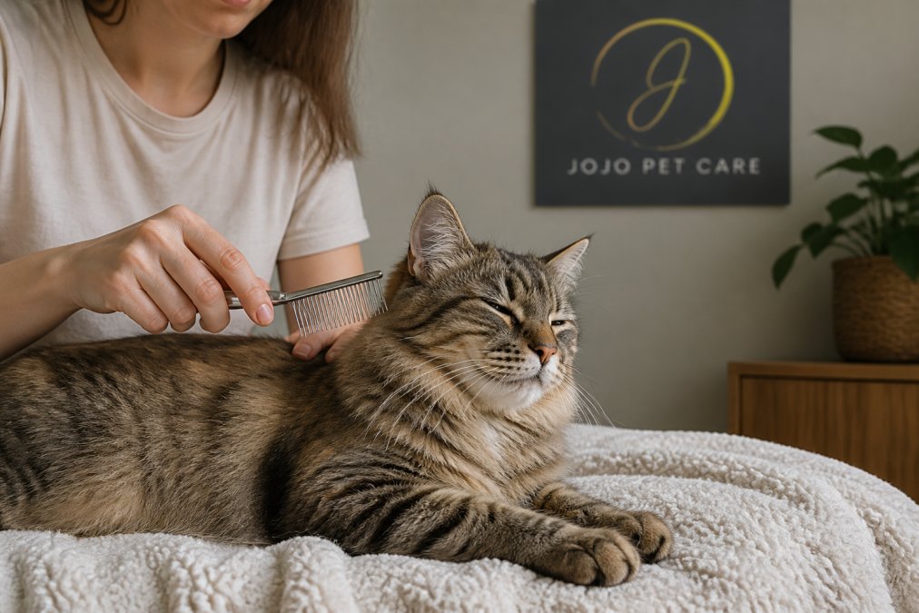 A calm cat sitting on a soft blanket while a person gently brushes its fur with a grooming comb in a quiet home setting, natural daylight