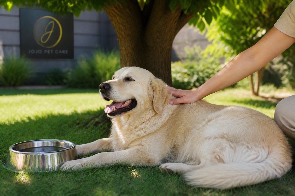 A dog lying in the shade on a grassy lawn with a water bowl nearby, a person's hand gently petting its back on a warm summer day