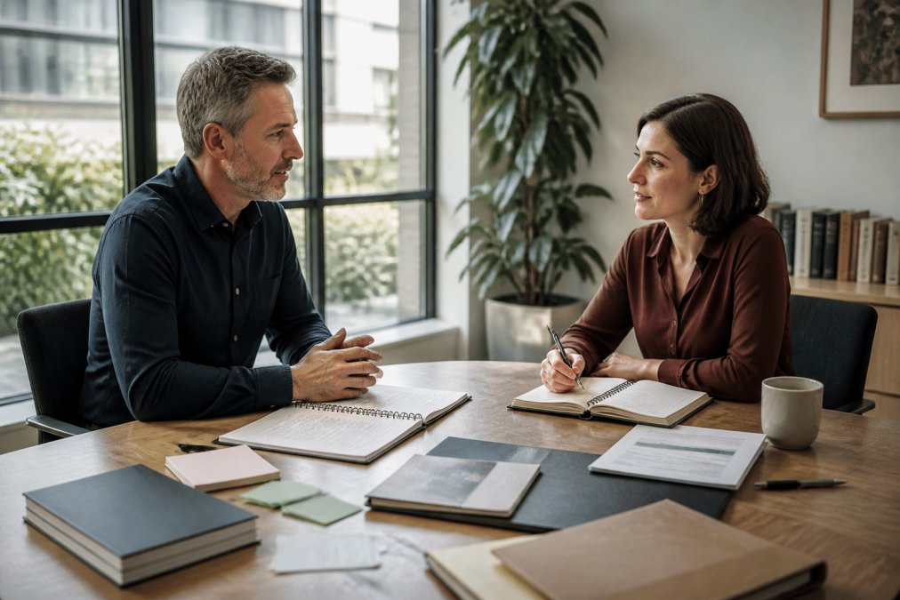 Two business professionals in a one-on-one coaching session, sitting across from each other at a modern desk with natural light streaming through windows, engaged in focused conversation with notebooks visible