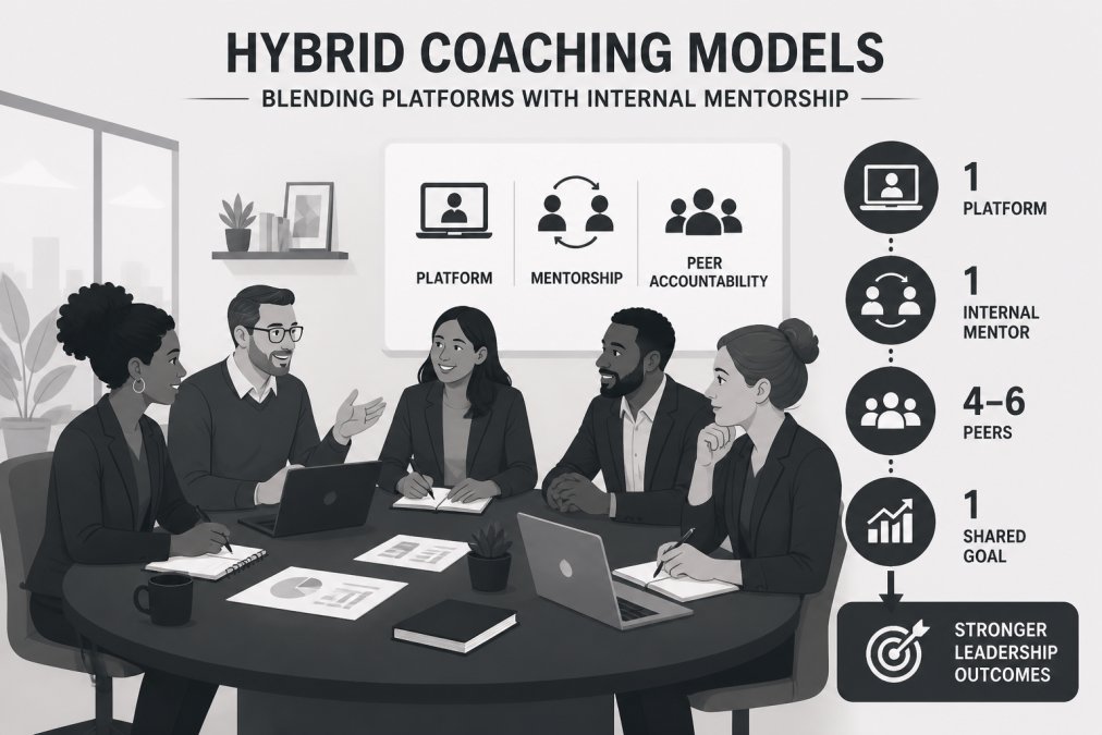 Small group of diverse business leaders collaborating around a conference table with notebooks and laptops, engaged in peer discussion and note-taking, representing mentorship and peer accountability in a modern office