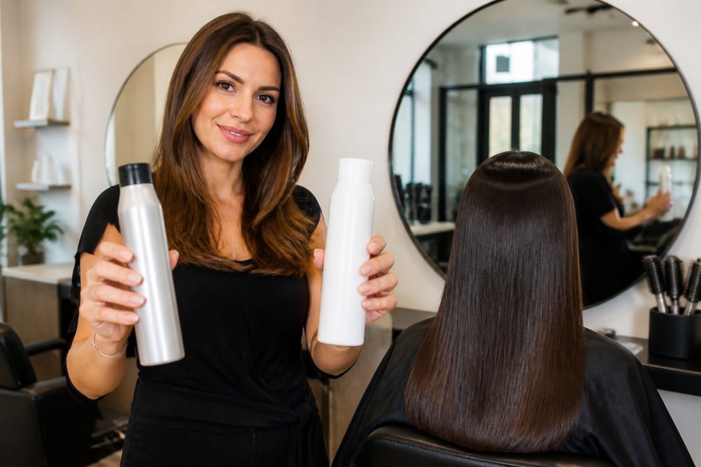 Hairstylist comparing hair products next to a client with glossy, frizz-free hair after a Kashmir Keratin treatment