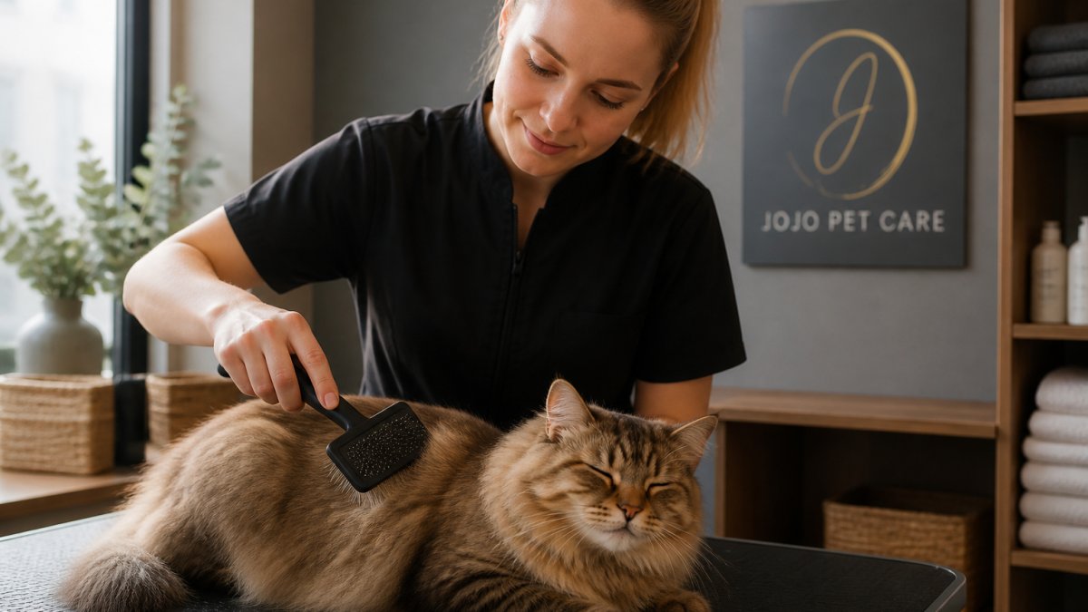 A calm cat being gently brushed by a groomer in a quiet, softly lit grooming salon, with no other animals visible and a relaxed, unhurried atmosphere