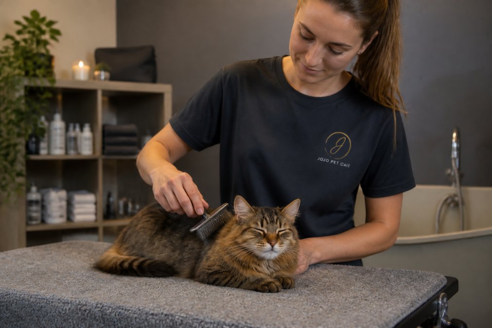 A calm cat resting on a soft grooming table while a groomer gently brushes its fur in a quiet, softly lit salon room