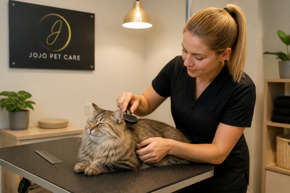 A calm, quiet grooming room with soft lighting where a groomer gently handles a relaxed cat on a non-slip table, using a brush and comb, no other animals or loud equipment visible