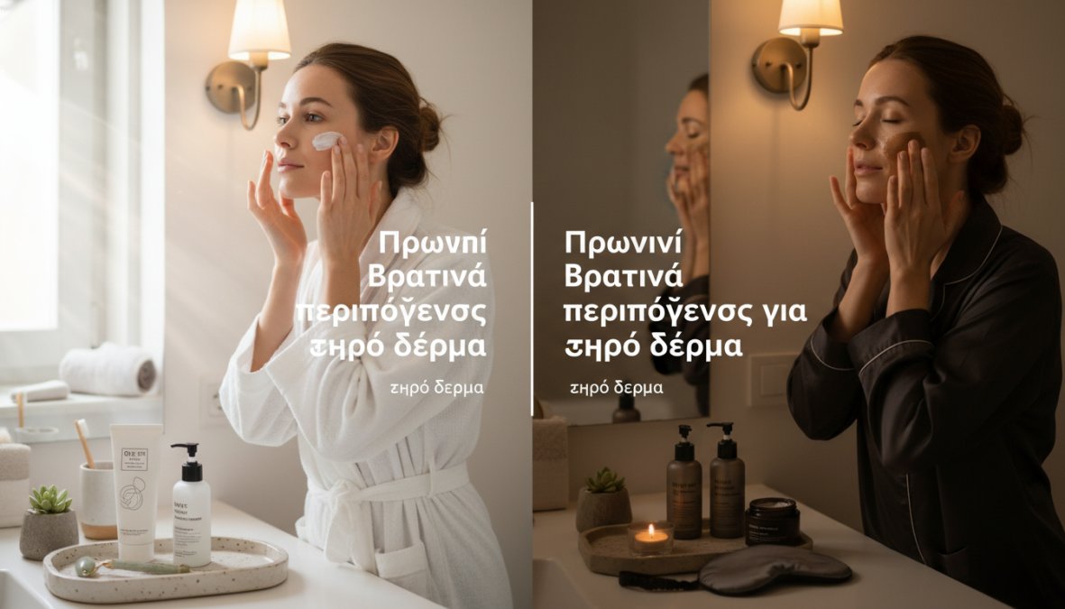 Γυναίκα μπροστά σε φωτισμένο καθρέφτη μπάνιου που εφαρμόζει ενυδατική κρέμα στο πρόσωπό της με φυσικό πρωινό φως, με σειρά προϊόντων περιποίησης τακτοποιημένων στον λευκό πάγκο μπάνιου