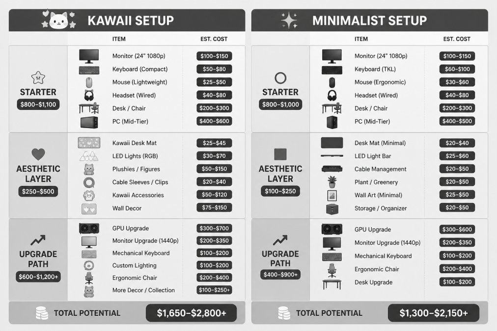 Side-by-side tiered budget comparison showing Starter, Aesthetic Layer, and Upgrade Path for Kawaii vs Minimalist setups, with per-category line items