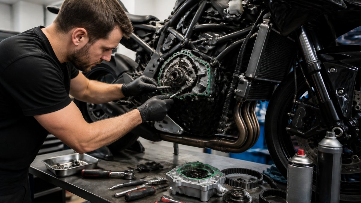 Technicus die voorzichtig aan de compressoraandrijving van een Kawasaki H2 werkt, met gereedschap en onderhoudsmaterialen zichtbaar op de werkbank in een moderne werkplaats