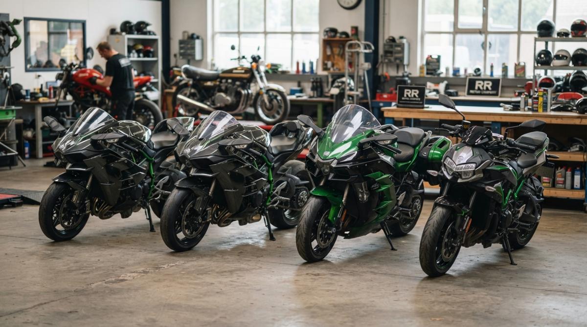 Close-up van een zwarte en groene Kawasaki H2 met carbon details in een professionele showroom met heldere LED-verlichting.