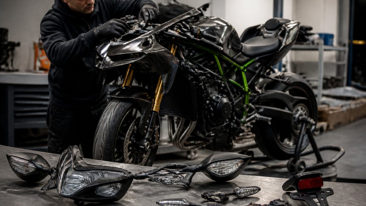Technicus levert verlichting en spiegelaanpassingen uit aan een Kawasaki H2R in een werkplaats, met gereedschap en onderdelen zichtbaar