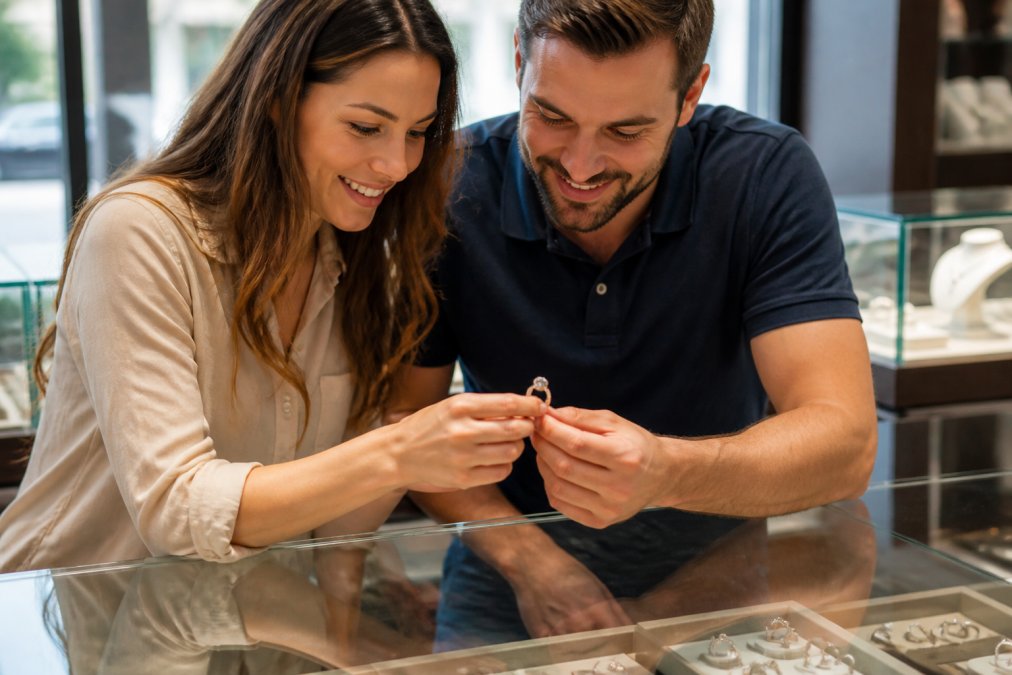 A couple's hands examining a sparkling diamond anniversary ring together under natural light, with the ring's facets catching the light, in a bright jewelry store setting