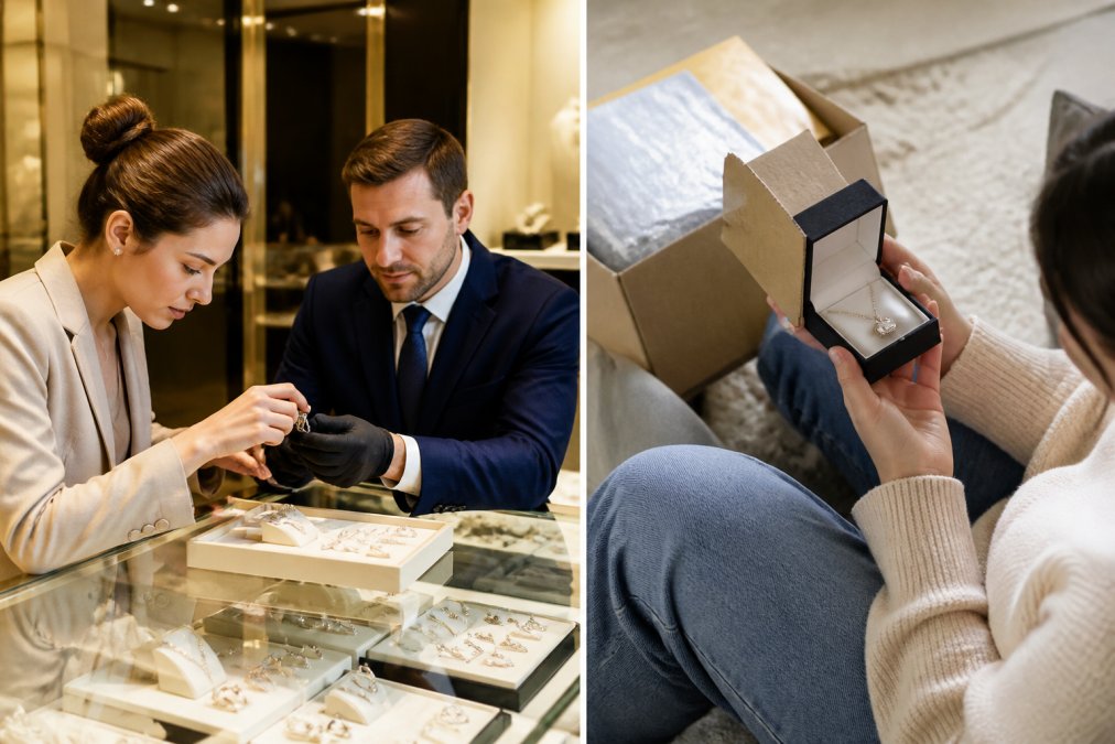 A customer carefully examining fine jewelry pieces at a boutique counter with a jeweler present, showing personalized service and attention to detail in an intimate retail setting