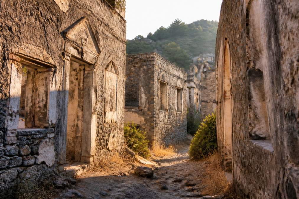 Kayaköy'ün taş evlerinin detaylı görüntüsü, boş dar sokaklar ve eski Rum mimarisi, güneşin evlerin duvarlarına düştüğü saatler, eski tuğla ve taş dokular