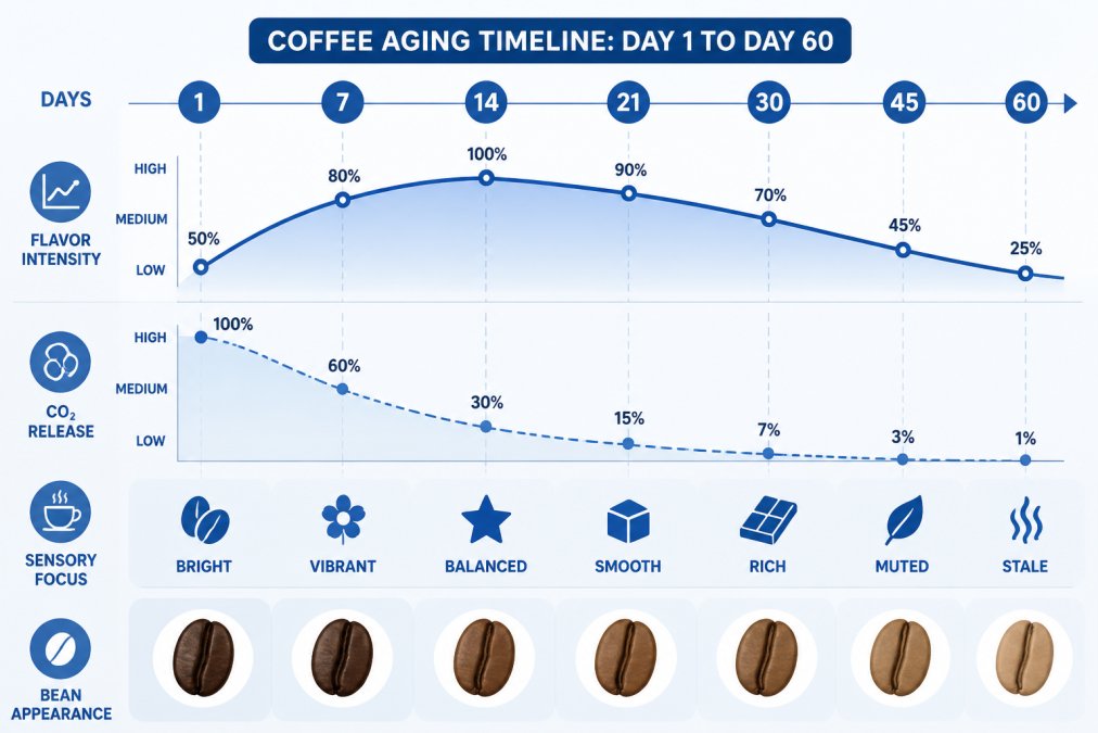 Visual timeline showing coffee aging from day 1 to day 60, with flavor intensity curve, CO2 release graph, and sensory descriptors at each stage