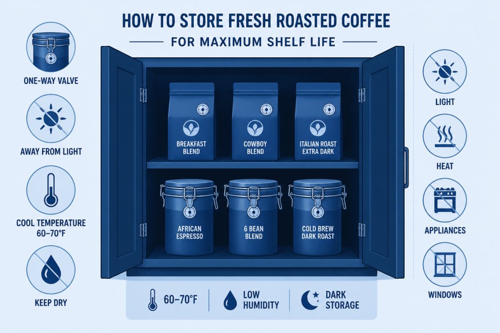 Organized coffee storage setup showing sealed containers with one-way valves, stored in a cool dark cabinet away from light and heat sources