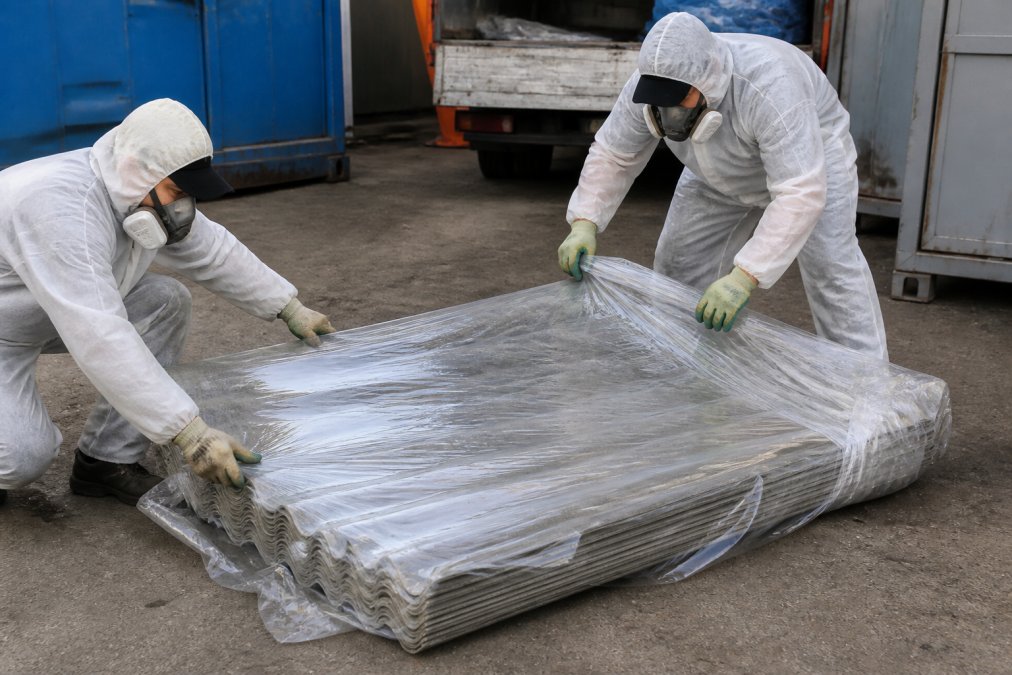 Workers in white protective suits and respirators wrapping grey corrugated asbestos cement sheets in thick transparent plastic film, industrial yard setting, daylight