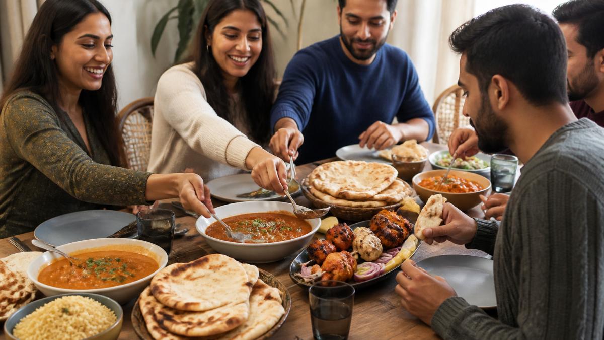 Group of friends gathered around a table with multiple sharing platters of Indian curry, flame-grilled kebabs, and fresh naan, serving themselves and enjoying the meal together
