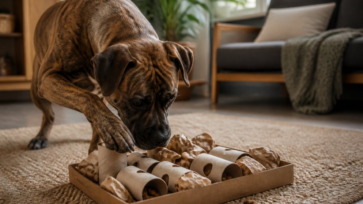 A dog actively engaging with a DIY puzzle toy made from household items, sniffing and pawing at the enrichment setup on a living room floor