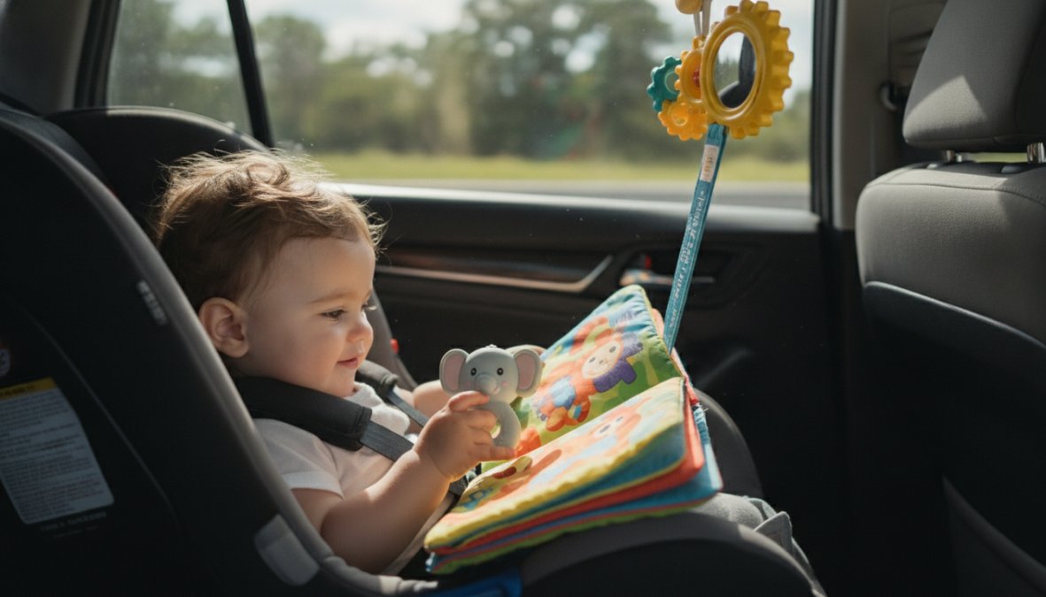 Close-up of a baby in a rear-facing car seat reaching toward colorful high-contrast black-and-white toys and sensory play items attached to the seat, with natural sunlight coming through the window