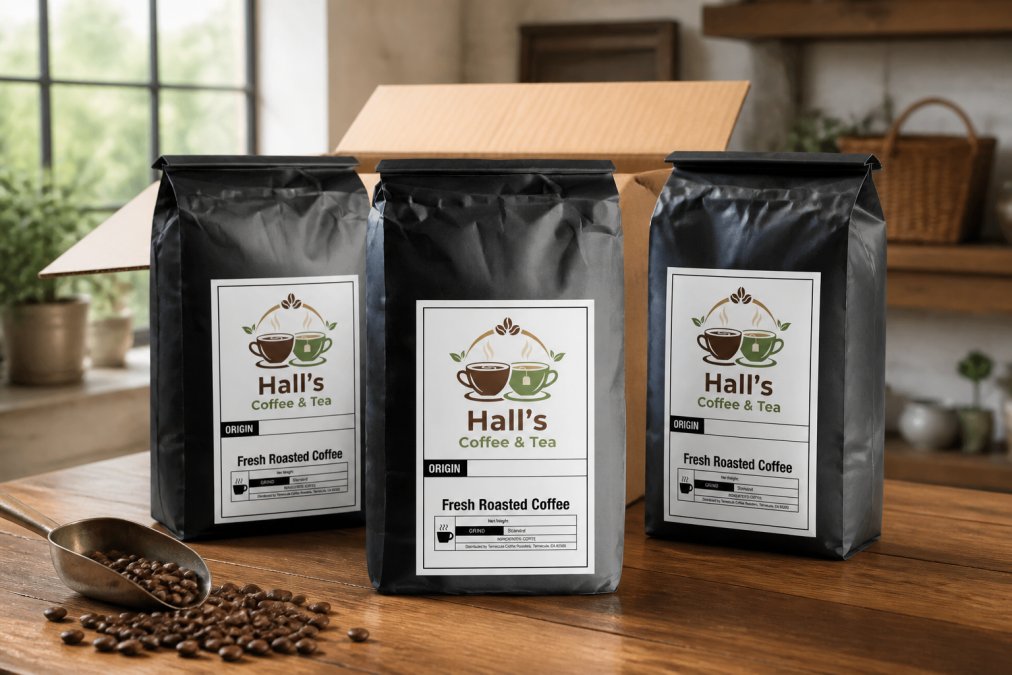 Close-up of professional coffee packaging with multiple airtight bags featuring one-way degassing valves, vacuum-sealed edges, and opaque kraft material with visible freshness indicators, displayed on a wooden surface with natural window lighting