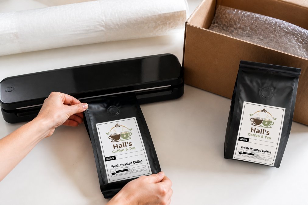 Hands carefully operating a vacuum sealer on a coffee bag with visible one-way degassing valve, coffee beans visible through clear section, with protective bubble wrap and kraft shipping box in background on a clean work surface