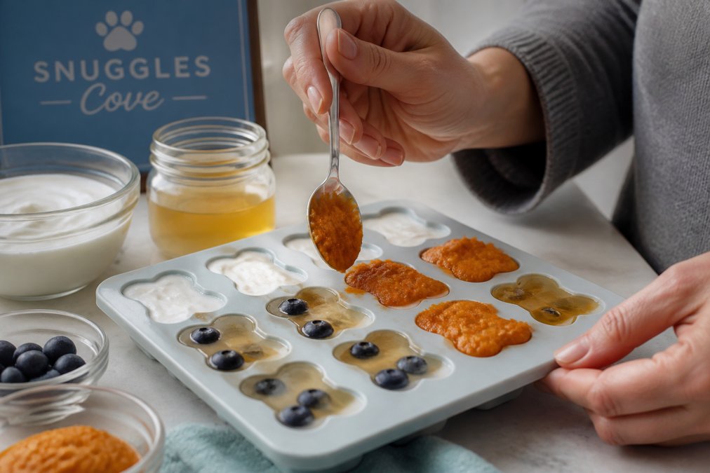 Close-up of hands layering frozen ingredients into a silicone mold, showing yogurt base layer, bone broth middle layer with embedded blueberries, and pureed pumpkin top layer with visible texture variation and natural lighting