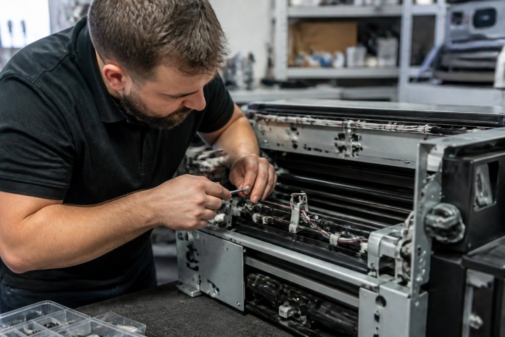 Maintenance engineer inspecting a laser printer's internal components with precision tools, checking printhead alignment and ink channels in a workshop setting with natural overhead lighting