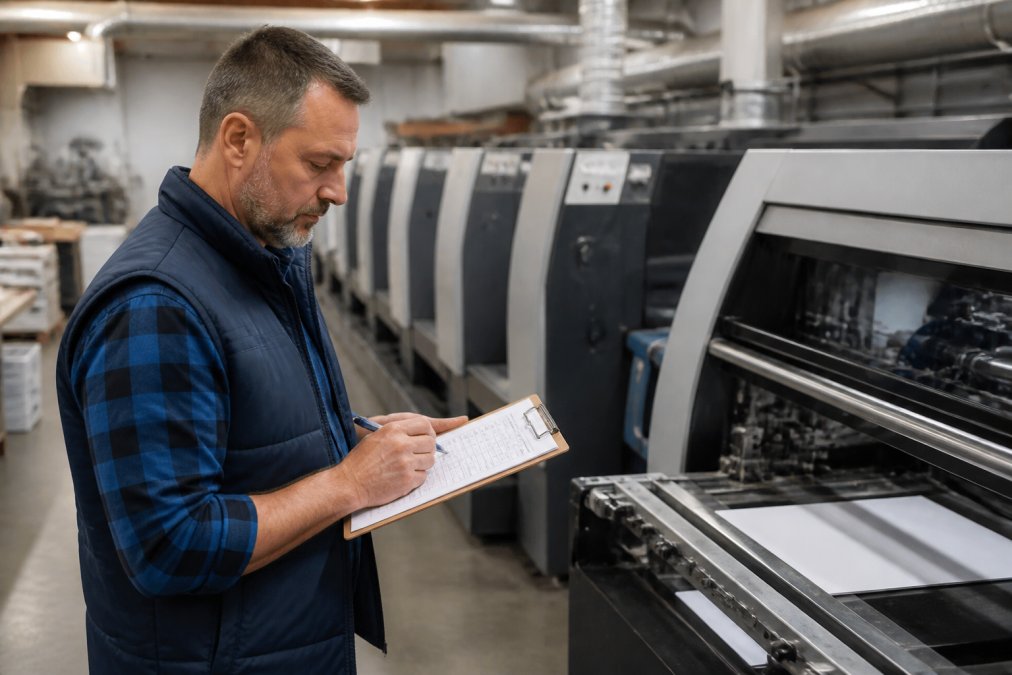 Production manager reviewing detailed maintenance schedules on a clipboard whilst standing near operational printing equipment on the factory floor, with printers visible in the background