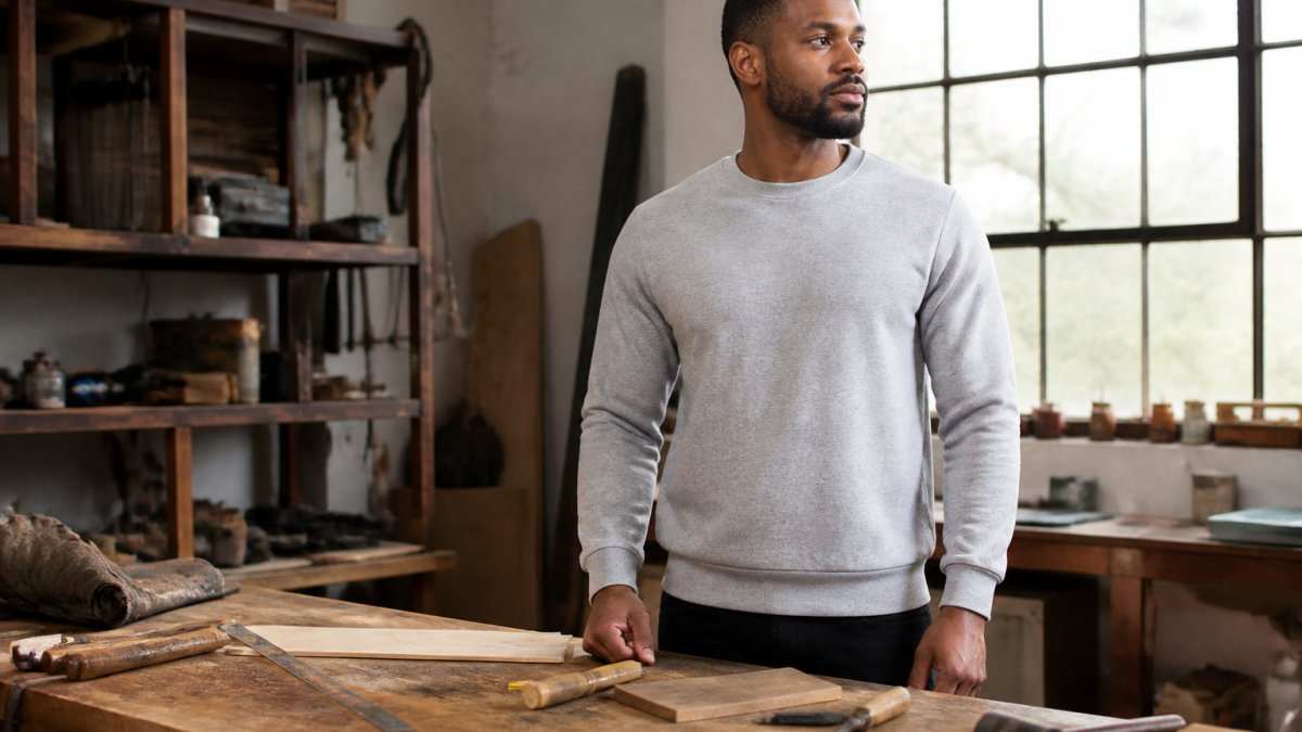 Person wearing the Faith Over Fear Christian Cross Crewneck Sweatshirt standing confidently outdoors in natural light, posture upright and composed, embodying conviction and quiet strength