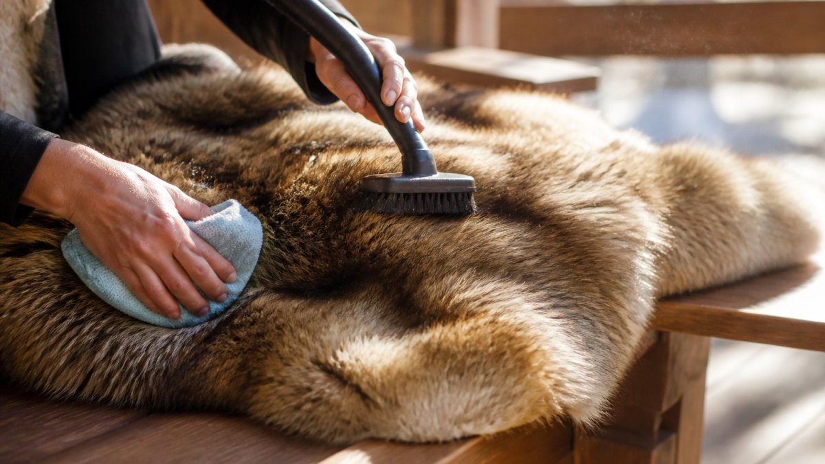 Close-up of hands using a soft microfiber cloth and a vacuum brush attachment on a natural fur throw draped over a rustic wooden bench, with sunlight showing dust particles in the air