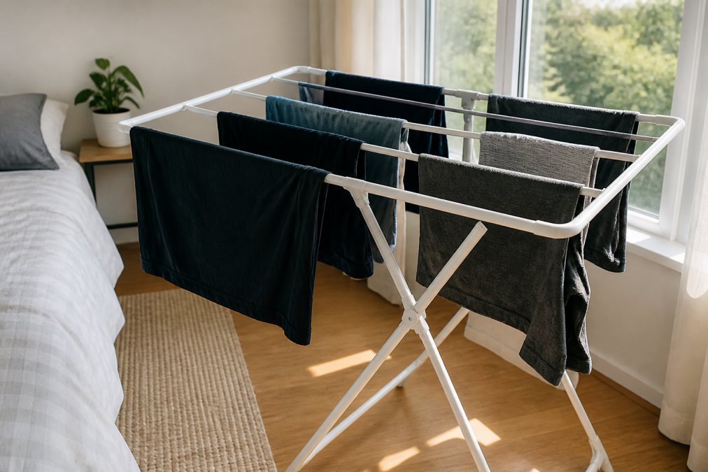 Damp gym clothes hanging on a white drying rack positioned near a window with natural sunlight streaming through, showing good air circulation around each garment in a bright bedroom
