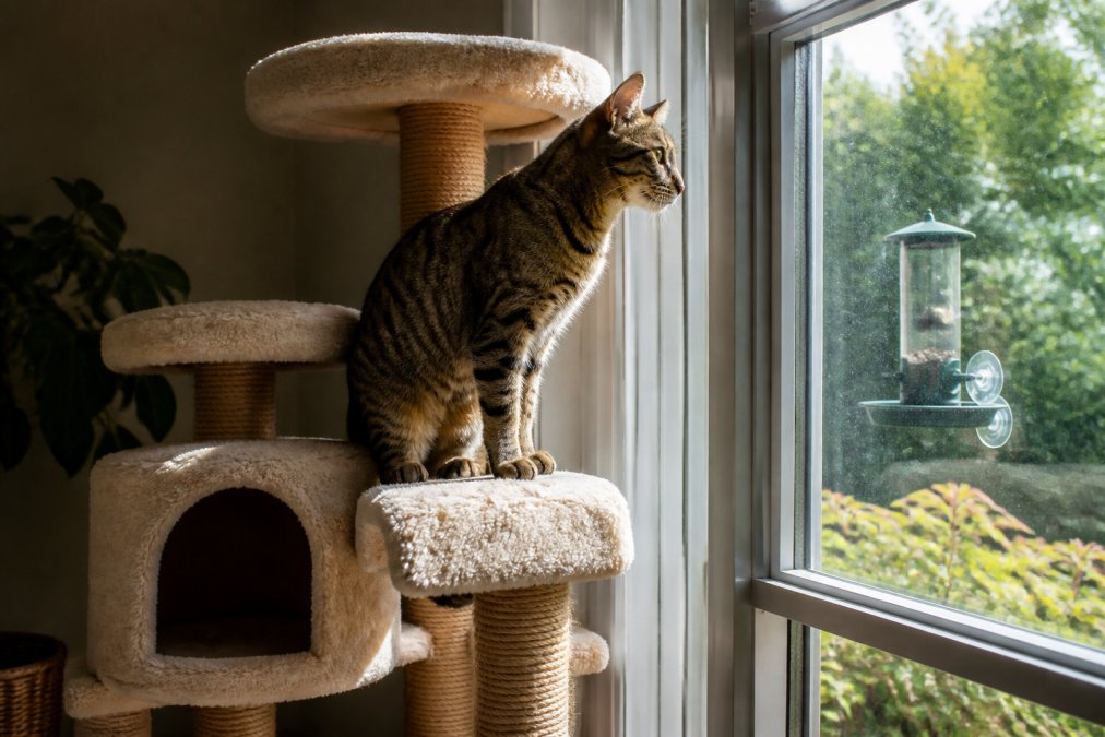 Indoor cat exploring a multi-level cat tree near a sunny window with a bird feeder visible outside, showing vertical climbing space and window stimulation setup