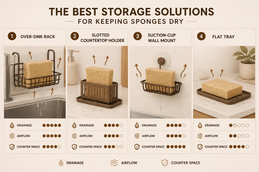 Side-by-side comparison of four sponge storage setups, an over-sink rack, a slotted countertop holder, a suction-cup wall mount, and a flat tray, each with a wrung-out sponge positioned to show airflow and drainage differences