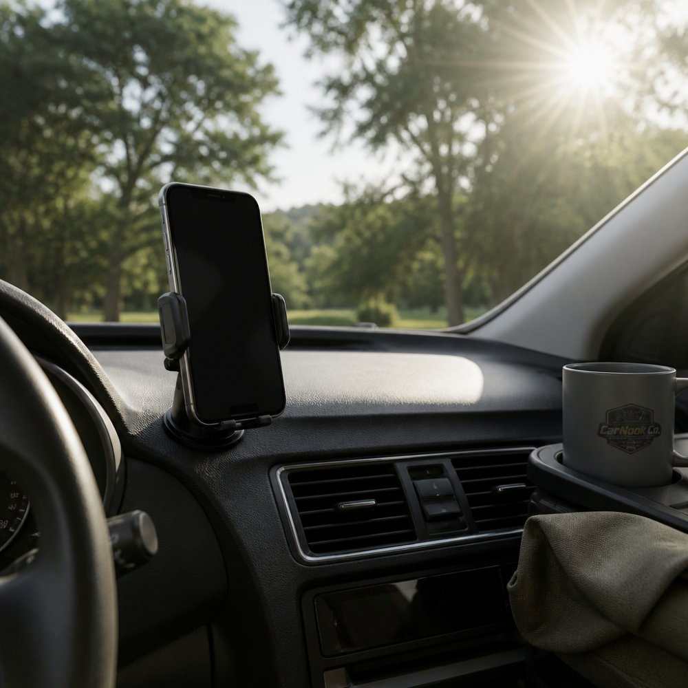Smartphone mounted on a car dashboard in shade, positioned away from direct sunlight streaming through the windshield, with air conditioning vents visible nearby