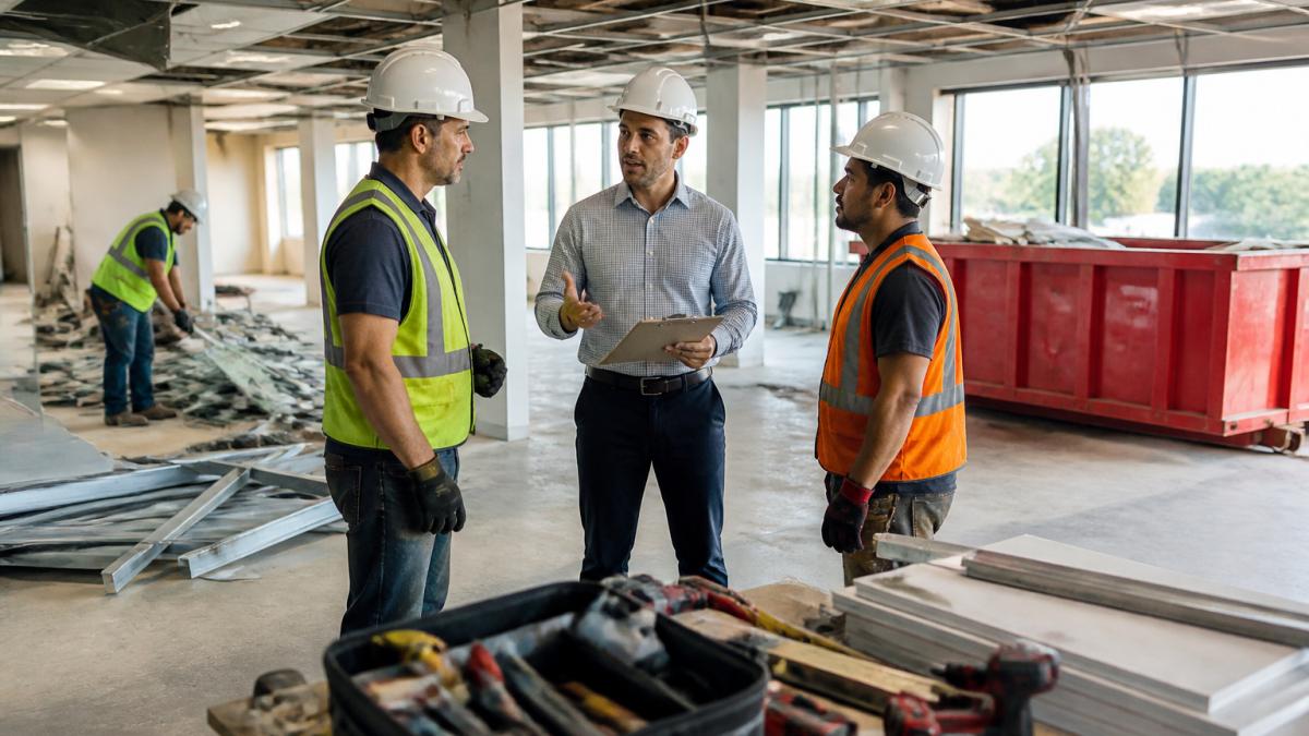 Property manager with clipboard coordinating with construction workers on commercial office floor during cleanout, with roll-off dumpster visible in background and team members discussing project workflow