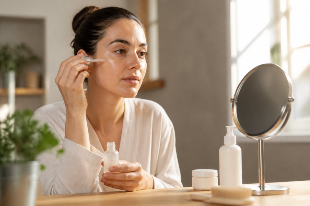 Close-up of hands applying lightweight serum to face in sequence, followed by moisturizer application, with soft morning light illuminating the skincare routine