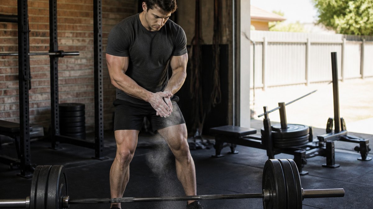 A lifter in a home garage gym chalking hands before a heavy deadlift, wearing a plain training tee and shorts, weight plates and barbell visible, natural side light
