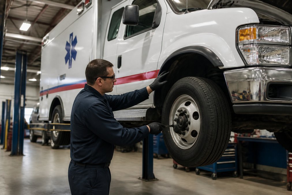 Technician performing visual inspection of medical vehicle, checking tire condition and brake components in professional service bay with overhead lighting