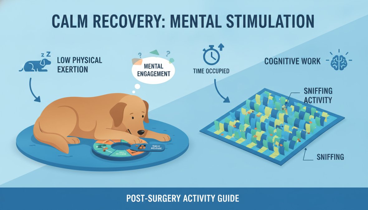 Professional illustration showing how to keep dog calm after neuter surgery