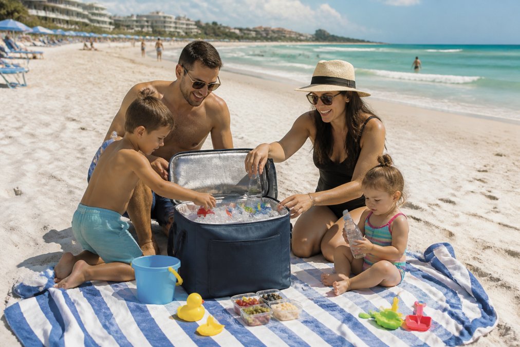Family opening a backpack cooler filled with ice and drinks on a sunny beach with towels and sand toys nearby