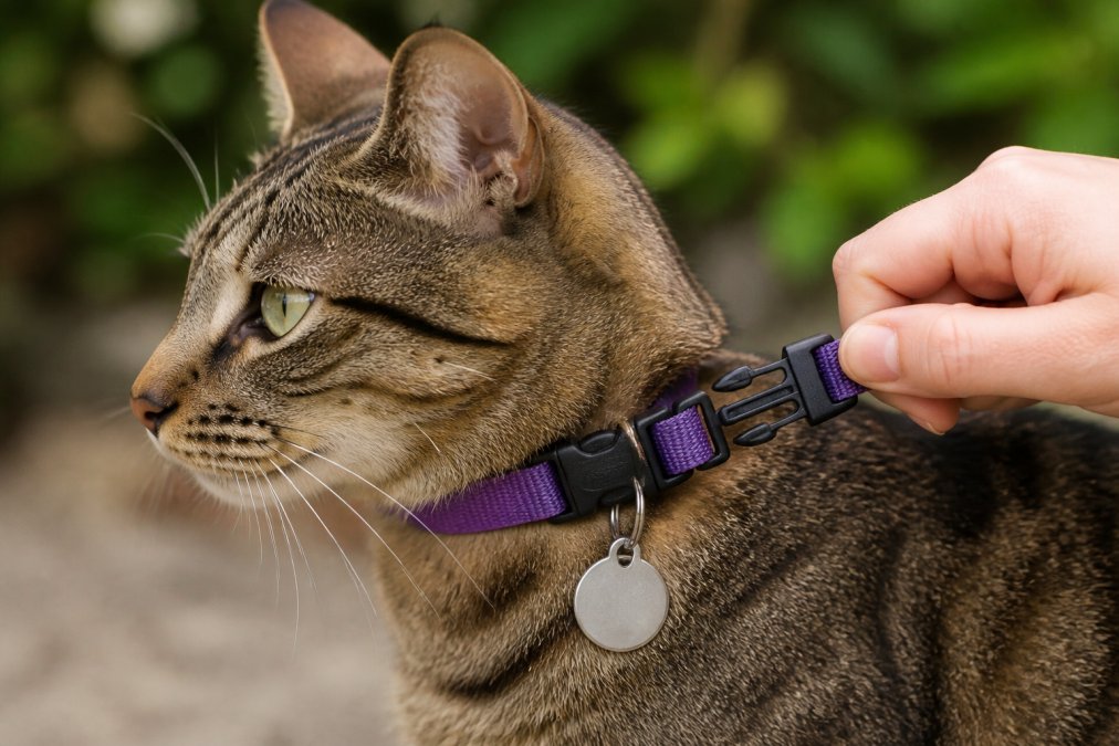 Close-up of a tabby cat wearing a properly fitted breakaway collar with an ID tag attached, showing the two-part release buckle mechanism and elastic safety feature, with natural outdoor lighting