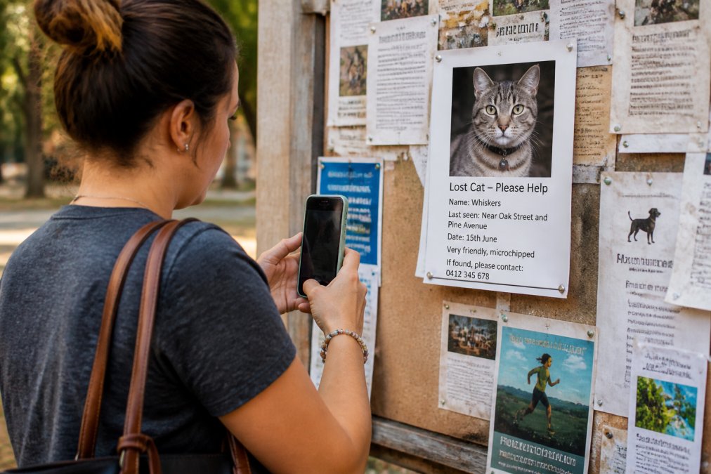 Pet owner posting a lost cat notice on a community bulletin board, photographing the poster to share on social media, with missing cat details and contact information visible