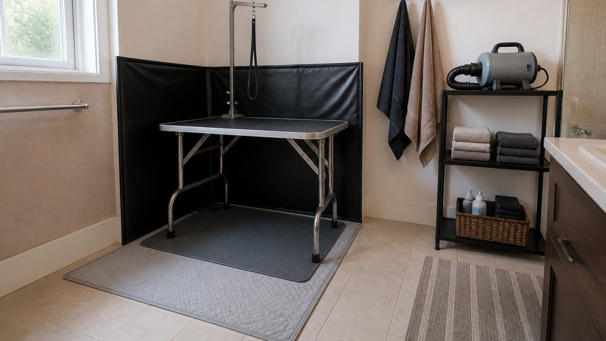 Diagram illustrating a compact apartment bathroom layout with clearly separated wet and dry pet grooming zones.
