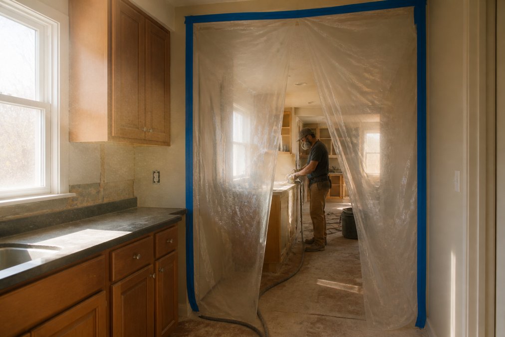 Heavy plastic sheeting and blue painter's tape sealing off a kitchen doorway completely, a contractor in the background wearing a dust mask and safety goggles, dust particles visible in the light streaming through a nearby window