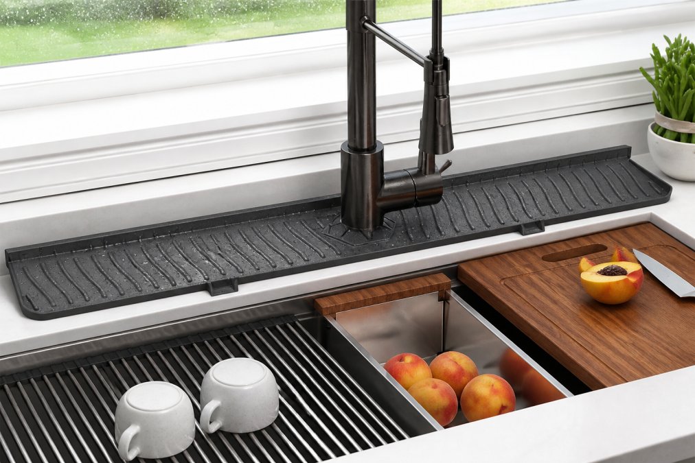 Modern kitchen sink with a sleek black silicone splash mat installed around the faucet, water droplets beading on the mat's surface, clean dry countertops visible on either side
