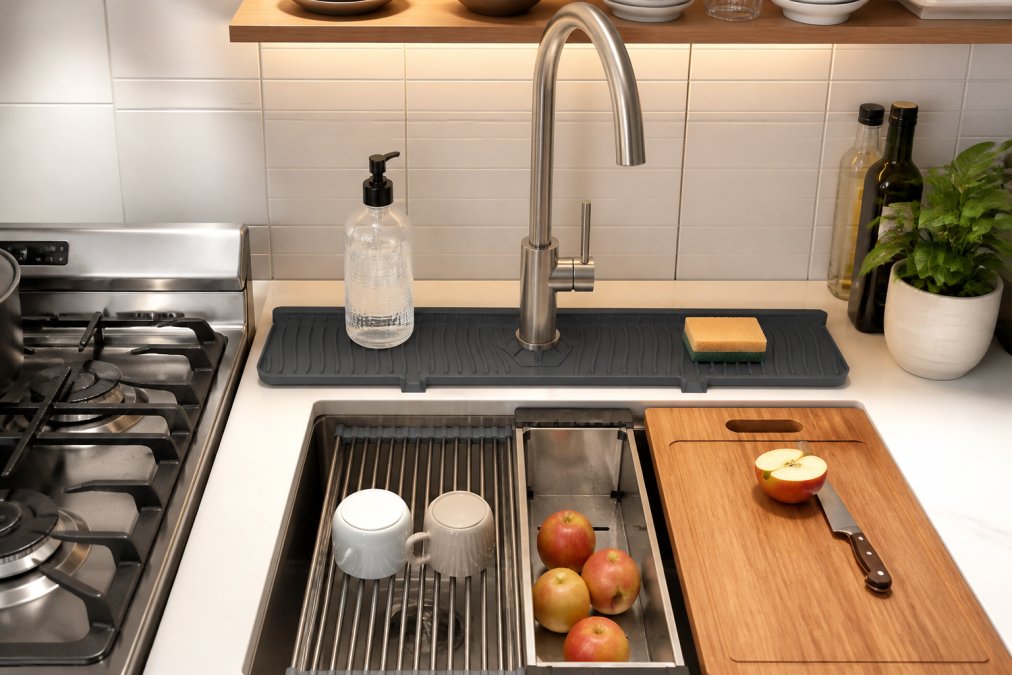 Compact urban apartment kitchen with sink positioned against wall next to stove, featuring a sleek minimalist over-the-sink organizer and black waterproof mat, showing efficient vertical storage with clear countertops on both sides