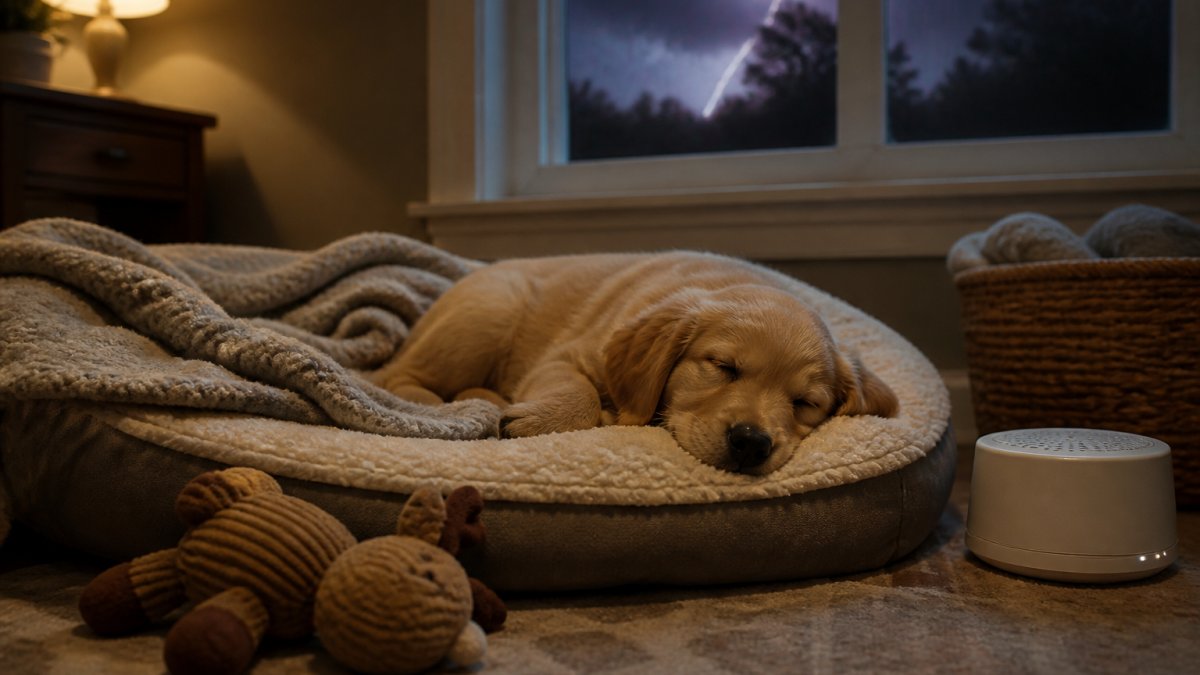 Golden puppy resting peacefully on a soft bed with a chew toy in a cozy, dimly lit room during a thunderstorm.