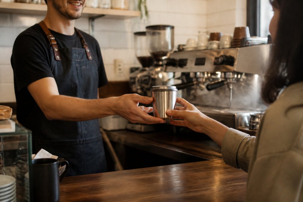 A barista in a dark apron handing a branded stainless steel reusable cup across a cafe counter to a customer, espresso machine steaming in the warm background light